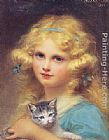 Portrait of a Young Man (detail) Paintings - Portrait of a young girl holding a kitten by Edouard Cabane